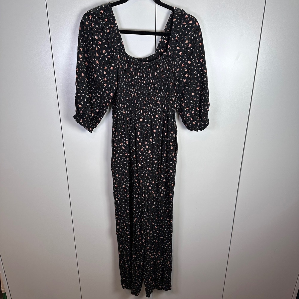 Madewell Womens 2 Black Floral Smocked Square Neck Puff Sleeve Jumpsuit Wide Leg